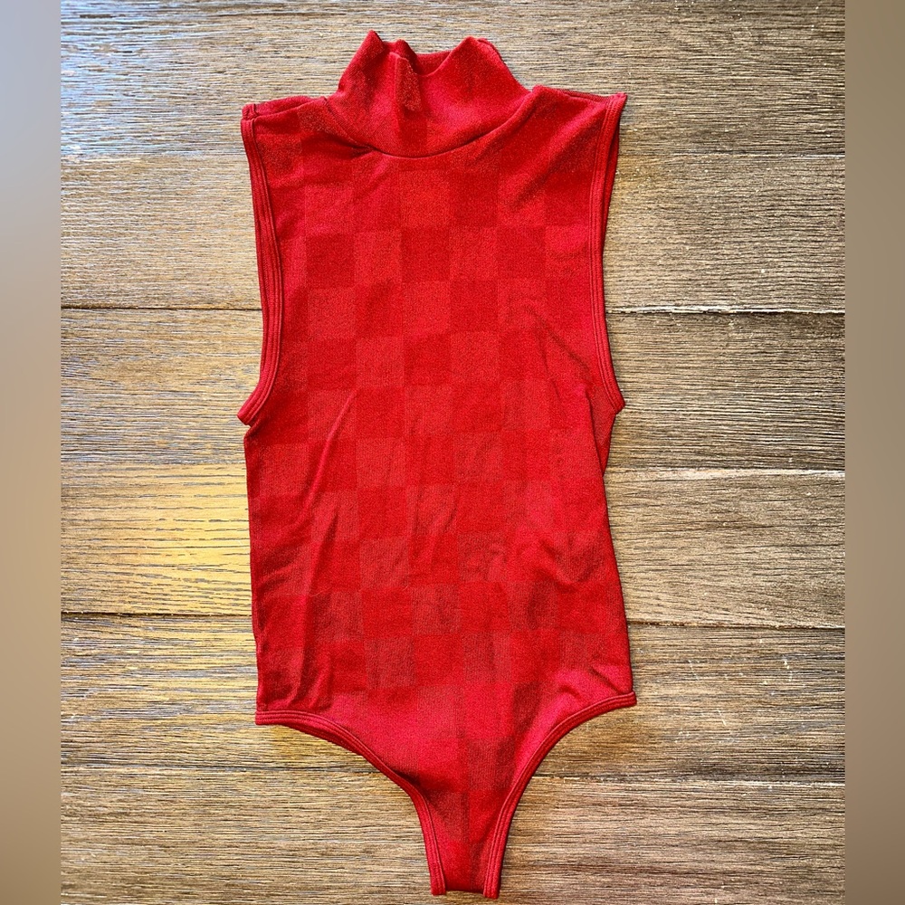 Women’s Turtleneck Sleeveless Bodysuit - Forever 21 - Maroon Knit Checkered S/M